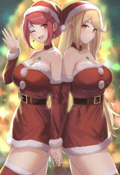 absurdres amausa_subee bare_shoulders blonde_hair blurry blurry_background breasts chest_jewel christmas christmas_tree cleavage closed_mouth collarbone commentary cowboy_shot dress earrings english_commentary hat highres holding_hands jewelry large_breasts long_hair mythra_(xenoblade) one_eye_closed open_mouth pyra_(xenoblade) red_dress red_eyes red_hair red_hat red_thighhighs santa_claus santa_costume santa_hat short_hair strapless strapless_dress thighhighs xenoblade_chronicles_(series) xenoblade_chronicles_2 yellow_eyes