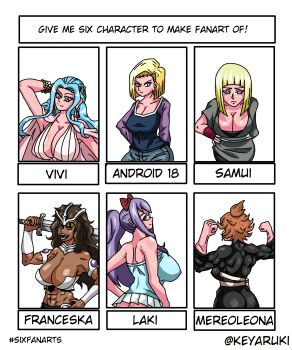 6+girls abs absurdres android android_18 bent_over black_clover bleach blonde_hair blue_eyes blue_hair breasts brown_eyes brown_hair cleavage dark-skinned_female dark_skin denim dragon_ball dragon_ball_super fairy_tail female_focus flexing franceska_mila_rose from_behind green_eyes highres huge_breasts jeans keyaruki laki_olietta large_breasts long_hair medium_hair mereoleona_vermillion multiple_drawing_challenge multiple_girls muscular muscular_back muscular_female naruto_(series) naruto_shippuuden nefertari_vivi one_piece orange_hair pants purple_hair samui_(naruto) short_hair six_fanarts_challenge swimsuit sword translation_request weapon