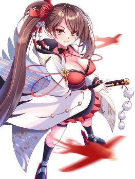 1girl aircraft airplane azur_lane bare_shoulders black_socks breasts brown_hair cleavage closed_mouth commentary_request criss-cross_halter dress eyeshadow fighting_stance flight_deck hair_ornament halter_dress halterneck high_ponytail highres holding holding_sword holding_weapon japanese_clothes kanzashi katana kimono kneehighs kokonoe910 large_breasts long_hair long_sleeves machinery makeup obi open_clothes pleated_dress ponytail ready_to_draw red_dress red_eyeshadow rigging rudder_footwear sash sheath shikigami side_ponytail simple_background sleeveless sleeveless_turtleneck smile socks solo standing sword thigh_strap tsumami_kanzashi turtleneck very_long_hair weapon white_background white_kimono wide_sleeves zuikaku_(azur_lane)