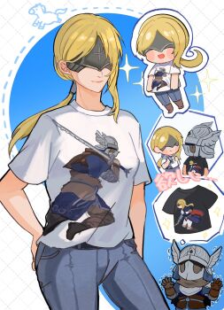 1boy 1girl blindfold_mask blue_surcoat border chibi chibi_inset commentary_request contemporary cowboy_shot denim duchess_(elden_ring) elden_ring elden_ring_nightreign hand_on_own_hip helmet highres holding holding_sword holding_weapon horse jeans jumping lingzhuo_(zhuozhuo0318) long_sidelocks low_ponytail mask multiple_views pants parted_bangs ponytail shirt sidelocks single_sidelock solo_focus sparkle sword t-shirt weapon winged_helmet wylder_(elden_ring)
