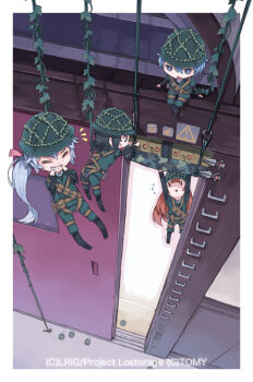 4girls black_hair border closed_eyes copyright_notice green_pants green_shirt grey_hair long_hair looking_at_viewer medium_hair multiple_girls official_art open_mouth pants red_hair satoma_makoto shirt white_border wixoss