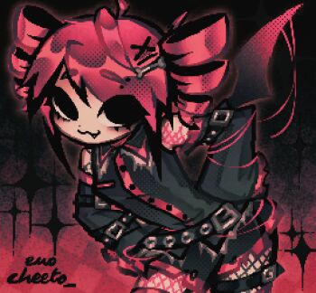 1girl :3 absurdres adapted_costume ahoge alternate_eye_color artist_name belt belt_buckle black_belt black_eyes black_sleeves blush bone_hair_ornament buckle commentary demon_wings detached_sleeves dot_nose drill_hair emocheeto fang fishnet_pantyhose fishnets gothic_punk gradient_background hair_between_eyes hair_ornament hairclip halftone highres jaggy_lines kasane_teto kasane_teto_(utau) long_sleeves looking_at_viewer medium_hair pantyhose parallel_hairclips pixelated red_hair scene_cut shirt skirt smile solo sparkle symbol-only_commentary thick_lineart thigh_strap twin_drills twintails utau wings