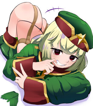 Rule 34 | 1girl, araga kiwi, ass, black panties, blazer, boots, butt crack, clothes lift, empty eyes, eyebrows hidden by hair, feet out of frame, female focus, finger to mouth, from above, garter belt, gloves, green boots, green gloves, green jacket, grey hair, grin, huge ass, jacket, jacket lift, leoparde (mahou shoujo ni akogarete), long sleeves, looking at viewer, mahou shoujo ni akogarete, medium hair, military uniform, multicolored boots, multicolored jacket, panties, purple eyes, red boots, red jacket, simple background, smile, solo, teeth, thigh boots, thong, top-down bottom-up, towa lone, twisted torso, underwear, unworn gloves, v, variant set, white background, yellow boots, yellow jacket