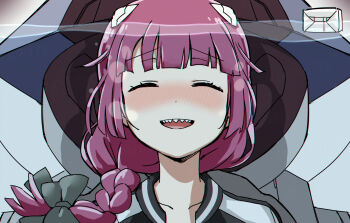 1girl :d ^_^ air_bubble alcohol_carton asphyxiation blowing_bubbles blunt_bangs blush bocchi_the_rock! bow braid bubble chromatic_aberration closed_eyes collarbone drink_carton drowning furrowed_brow green_bow hair_bow hair_over_shoulder hiroi_kikuri interface_headset_(evangelion) long_hair low-braided_long_hair low-tied_long_hair neon_genesis_evangelion nose_blush open_mouth pink_hair sharp_teeth smile solo teeth torako_(toramaru) twitter_username underwater upper_teeth_only watermark