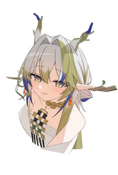 Rule 34 | 1girl, absurdres, arknights, bare shoulders, blonde hair, blue hair, blush, chinese commentary, closed mouth, commentary request, cropped shoulders, dragon girl, dragon horns, earrings, grey eyes, grey hair, hair between eyes, hair intakes, highres, horns, jewelry, long hair, looking at viewer, multicolored hair, necklace, pointy ears, shu (arknights), simple background, smile, solo, white background, yellow eyes, zhuo low