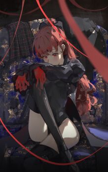 1girl absurdres black_boots black_bow black_jacket black_leotard boots bow closed_mouth coattails commentary couch eien_001 foot_out_of_frame gloves hair_bow hands_on_own_knee highleg highleg_leotard highres jacket knee_up leotard long_hair long_sleeves looking_at_viewer no_mask on_couch persona persona_5 persona_5_the_royal ponytail red_eyes red_gloves red_hair sitting skirt solo thigh_boots unworn_jacket unworn_skirt violet_(persona_5) yoshizawa_kasumi