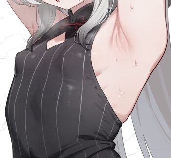 1girl armpit_crease arms_up black_dress blue_archive breasts china_dress chinese_clothes close-up clothing_cutout covered_erect_nipples diamond_cutout dress grey_hair head_out_of_frame heoningu highres kokona_(blue_archive) loli small_breasts solo striped_clothes striped_dress sweat upper_body vertical-striped_clothes vertical-striped_dress white_background