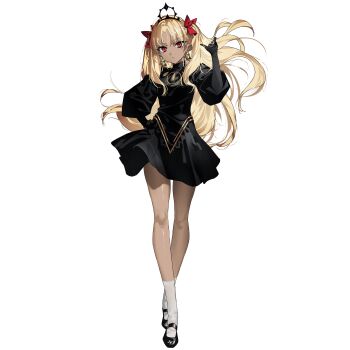 1girl aged_down black_dress black_gloves black_shoes black_thighhighs blonde_hair cape dark-skinned_female dark_skin dress earrings ereshkigal_(fate) ereshkigal_alter_(fate) fate/grand_order fate_(series) full_body fur-trimmed_cape fur_trim game_cg gloves hair_ribbon hand_on_own_hip highres hoop_earrings jewelry long_hair long_sleeves looking_at_viewer morii_shizuki official_art parted_bangs red_eyes ribbon shoes socks solo standing tachi-e thighhighs third-party_source tiara transparent_background two_side_up white_socks zettai_ryouiki