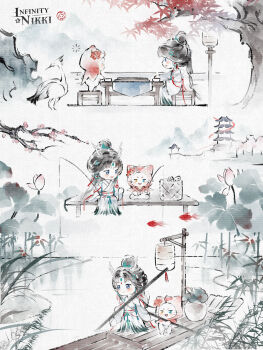 1girl absurdres animal aqua_eyes artist_request autumn_leaves basket black_hair cat chibi chinese_clothes cloak clothed_animal clouded_loong_(infinity_nikki) copyright_name day dragon_horns ear_covers egret_(animal) face-to-face fan_egret_(infinity_nikki) fish fishing fishing_rod flower forehead_jewel from_side hagoromo hair_bun hair_ornament half_updo hanfu happy highres holding holding_fishing_rod holding_oar hood hood_up hooded_cloak horns infinity_nikki lake leaf light_blush lily_pad logo long_hair long_sleeves looking_at_animal maple_leaf momo_(nikki) mountain nikki_(nikki) nikki_(series) oar official_alternate_costume official_art on_stool open_mouth outdoors pagoda parted_bangs pink_flower playing_games pointy_nose raft red_cloak red_flower second-party_source sequential shawl single_hair_bun sitting smile squeans standing tree very_long_hair water_lily_flower white_cat white_hanfu white_horns wide_sleeves