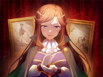 1girl blue_jacket brown_hair clapping coat coat_on_shoulders game_cg gloves green_coat jacket long_hair looking_at_viewer official_art parted_bangs parted_lips picture_frame purple_eyes shoujo_kageki_revue_starlight shoujo_kageki_revue_starlight_-re_live- sidelocks solo tendou_maya upper_body white_gloves