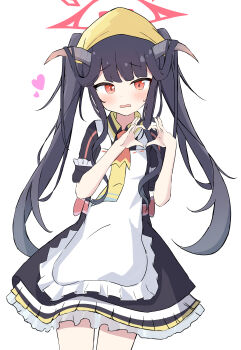absurdres apron black_dress black_hair black_horns blue_archive blush demon_horns dress frilled_apron frills fuuka_(blue_archive) halo hat headscarf heart heart_hands highres horns long_hair necktie open_mouth red_eyes solo twintails white_apron white_background yellow_hat yukimatcha222