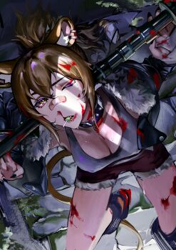1girl absurdres animal_ears arknights bandaid bandaid_on_face black_jacket black_nails blood blood_on_clothes blood_on_face bounsies breasts brown_eyes brown_hair candy cleavage collar commentary cutoffs english_commentary food fur-trimmed_jacket fur-trimmed_shorts fur_trim highres holding holding_weapon injury jacket large_breasts lion_ears lion_girl lion_tail lollipop long_hair looking_at_viewer nail_polish one_eye_closed open_clothes open_jacket over_shoulder pain ponytail red_shorts short_shorts shorts siege_(arknights) solo sweat tail tank_top weapon