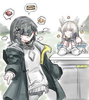 2girls absurdres arknights arknights:_endfield black_coat black_jacket coat dr.kim endministrator_(arknights) female_endministrator_(arknights) gloves highres jacket long_hair multiple_girls owl_girl perlica_(arknights) pointing speech_bubble