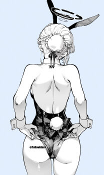 1girl adjusting_clothes adjusting_leotard animal_ears ass back backboob backless_leotard ben-day_dots blue_archive blue_background braid breasts bun_with_braided_base commentary cowboy_shot dated_commentary detached_collar fake_animal_ears fake_tail from_behind greyscale_with_colored_background hair_bun halo highres leotard logo_tattoo median_furrow millennium_science_school_logo official_alternate_costume otimusyairoha playboy_bunny rabbit_ears rabbit_tail screentones solo strapless strapless_leotard tail toki_(blue_archive) toki_(bunny)_(blue_archive) wrist_cuffs