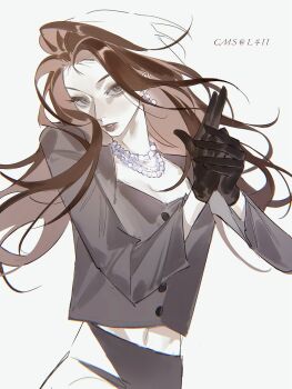 Rule 34 | 1girl, artist name, black gloves, brown eyes, brown hair, commentary, commission, cowboy shot, earrings, finger gun, gloves, grey jacket, highres, jacket, jewelry, k-pop, l411, long hair, necklace, parted lips, pearl earrings, pearl necklace, real life, sana (twice), second-party source, solo, twice (group)