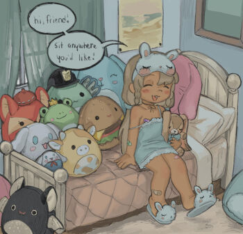 1boy alias_(snugglepuff28) animal_slippers bandaid bandaid_on_leg bed blonde_hair blue_camisole blush braid bunny_slippers camisole carpet choker cinnamoroll closed_eyes crossdressing crossdressing_(mtf) curtains frilled_camisole frills full_body highres indoors low_twintails on_bed open_mouth original pillow ribbon_choker sanrio side_braids sitting sleep_mask slippers snugglepuff28 solo speech_bubble strap_slip stuffed_animal stuffed_axolotl stuffed_bat stuffed_burger stuffed_cow stuffed_food stuffed_fox stuffed_frog stuffed_rabbit stuffed_toy twintails
