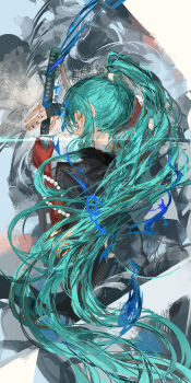 Rule 34 | 1girl, absurdres, aqua hair, arknights, black gloves, commentary, fingerless gloves, from behind, gloves, highres, horns, hoshiguma (arknights), hoshiguma the breacher (arknights), ichika (ichika87), jewelry, katana, long hair, nail polish, oni, orange nails, ponytail, ring, single horn, solo, sword, weapon, yellow eyes