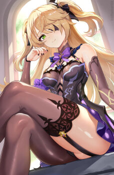 1girl absurdres asymmetrical_legwear black_dress black_nails black_pantyhose black_thighhighs blonde_hair bow breasts bridal_gauntlets cameltoe crossed_legs dress eyepatch fischl_(genshin_impact) fishnet_top fishnets garter_straps genshin_impact green_eyes hair_over_one_eye hair_ribbon highres indoors kaffeine100 long_hair looking_at_viewer medium_breasts nail_polish pantyhose purple_bow ribbon single_garter_strap single_leg_pantyhose single_thighhigh sitting smile solo tailcoat thighhighs two_side_up window