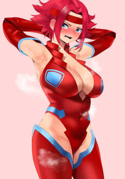 1girl absurdres armpits arms_behind_head arms_up blue_eyes blush bodysuit breasts cleavage code_geass collar covered_navel cowboy_shot detached_sleeves ear_blush embarrassed headband highres kouzuki_kallen large_breasts looking_at_viewer open_bodysuit open_clothes open_mouth parted_bangs pink_background red_bodysuit red_hair red_headband short_hair simple_background skin_tight solo steam steaming_body sweat thigh_gap yotamono
