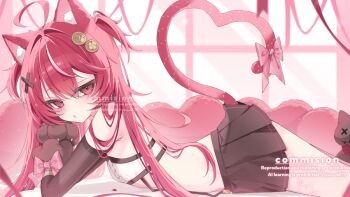 1girl ahoge animal_ear_fluff animal_ears animal_hands black_gloves black_skirt blush bow bra breasts cat_ears cat_girl cat_tail character_request commentary_request commission copyright_request double-parted_bangs elbow_gloves gloves hair_between_eyes hair_ornament heart heart-shaped_pillow heart_tail indoors long_hair looking_at_viewer lying miniskirt on_stomach parted_lips paw_gloves pillow red_eyes red_hair skirt small_breasts solo tail tail_bow tail_ornament underwear white_bra x_hair_ornament yu_o015