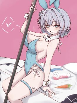 1006kbps 1girl absurdres animal_ears azur_lane backless_leotard black_hair blue_leotard blush breasts cross fake_animal_ears from_side grin groin hair_bun hand_up heart highres holding holding_pole iron_cross jade_(azur_lane) leg_tattoo leotard leotard_pull medium_breasts medium_hair mole mole_under_eye multicolored_hair pole rabbit_ears rabbit_tail sitting smile smug solo spoken_heart strapless strapless_leotard streaked_hair tail tattoo teasing thigh_strap thighs two-tone_hair white_hair wrist_cuffs