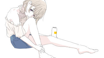 1girl bare_shoulders barefoot brown_hair can collarbone dress frilled_dress frills halterneck highres holding holding_can kamiina_botan_yoeru_sugata_wa_yuri_no_hana knee_up looking_at_viewer mole mole_on_neck off_shoulder purple_eyes s_hoji_(lagh) shirt short_hair simple_background sitting skirt smile solo tonami_ibuki white_background white_shirt
