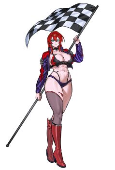 1girl absurdres aqua_eyes character_request checkered_flag commission copyright_request flag full_body highres holding holding_flag race_flag race_queen red_hair simple_background solo white_background zeon_(zzeeonn)