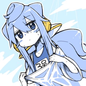 1boy absurdres ahoge blue_theme blush_stickers commentary_request cone_hair_bun crossdressing crossdressing_(mtf) double-parted_bangs dutch_angle hacka_doll hacka_doll_3 hair_between_eyes hair_bun hair_ears highres hiva+ light_rays long_hair long_sidelocks low_twintails male_focus name_tag oversized_clothes oversized_shirt school_swimsuit shirt short_sleeves sidelocks spot_color sunbeam sunlight swimsuit swimsuit_under_clothes trap twintails wet wet_clothes