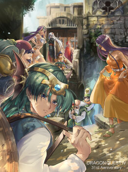 Rule 34 | 3girls, 6+boys, alena (dq4), anniversary, aqua tunic, armor, asymmetrical dress, backpack, bag, balding, black pants, black shirt, blue eyes, blue hair, blue hat, breasts, brey, cape, castle, circlet, clift, commentary request, conical hat, copyright name, crossed arms, dark-skinned female, dark skin, dragon quest, dragon quest iv, dress, earrings, eyes in shadow, facial hair, facing away, forehead jewel, gem, green gem, green hair, green hat, green robe, hand on own hip, hand to own mouth, hand up, hands on own chin, hat, head on hands, head rest, hero (dq4), highres, holding, holding staff, jewelry, juliet sleeves, lipstick, loincloth, long dress, long hair, long sleeves, looking at viewer, mage staff, makeup, makuramuika, manya (dq4), medium breasts, medium hair, metal belt, metal bikini, metal bra, metal bracelet, minea (dq4), mitre, multiple boys, multiple girls, mustache, old, old man, open mouth, orange dress, orange hair, orange loincloth, outdoors, pants, pelvic curtain, pink armor, pisaro, puffy sleeves, purple hair, red cape, red lips, robe, ryan (dq4), sandals, shield, shield on back, shirt, short hair, shoulder spikes, silver circlet, single bare shoulder, single sleeve, sitting, sitting on stairs, skirt hold, solo focus, sphere earrings, spikes, staff, stairs, torneko, tunic, white hair, white sleeves, winged headwear, yellow dress