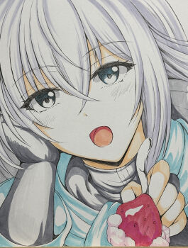 Rule 34 | 1girl, black gloves, blue eyes, bob cut, close-up, commentary request, crossed bangs, double-parted bangs, eiyuu densetsu, food, fruit, gloves, hair between eyes, hand on own cheek, hand on own face, highres, holding, holding spoon, kagura yuuto, kuro no kiseki (series), long hair, looking at viewer, open mouth, portrait, shizuna rem misurugi, smile, solo, spoon, strawberry, traditional media, white hair