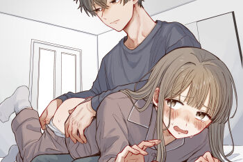 Rule 34 | 1boy, 1girl, absurdres, ass, bed sheet, blush, brown eyes, brown hair, brown shirt, closed mouth, commentary request, fingernails, funi ko22, green pants, grey shirt, hand on another's back, hetero, highres, imminent spanking, long hair, nose blush, original, over the knee, panties, pants, panty pull, sheet grab, shirt, sitting, socks, solo focus, tearing up, trembling, underwear, wavy mouth, white panties, white socks