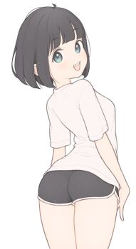 1girl 1ssakawaguchi absurdres ahoge ass black_shorts blunt_bangs blush bob_cut brown_hair cowboy_shot dolphin_shorts from_behind grey_eyes highres ichika_(1ssakawaguchi) looking_at_viewer looking_back open_mouth original petite shirt short_hair short_shorts short_sleeves shorts simple_background smile solo t-shirt teeth thighs upper_teeth_only white_background