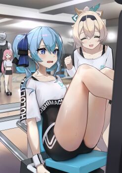 35p_(sakura_miko) 3girls :d ahoge black_headband black_shorts blonde_hair blue_eyes blue_hair blue_ribbon breasts character_name cheering cleavage closed_eyes copyright_name crop_top exercise_machine gym hair_ornament hair_ribbon harada_isuka headband highres hololive hololive_dance_practice_uniform hoshimachi_suisei kazama_iroha leaf_hair_ornament leotard leotard_under_clothes long_hair low_twintails medium_breasts multiple_girls official_alternate_costume open_mouth pink_hair ponytail ribbon sakura_miko shirt short_shorts shorts side_ponytail sitting small_breasts smile smug sports_bra star_(symbol) star_in_eye sweatband symbol_in_eye t-shirt twintails virtual_youtuber white_shirt