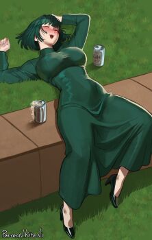 1girl alcohol beer beer_can blush breasts can closed_eyes dress drink_can drunk fubuki_(one-punch_man) grass green_dress green_eyes green_hair high_heels highres kirani large_breasts medium_hair one-punch_man open_mouth outdoors solo