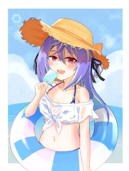 Rule 34 | 1girl, absurdres, alternate costume, beach, blue hair, blue sky, blush, breasts, cloud, commentary request, crop top, day, food, green hair, hair between eyes, hat, highres, hiyoku no crosspiece, holding, holding food, holding popsicle, holding swim ring, innertube, lens flare, long bangs, long hair, looking at viewer, midriff, mole, mole under eye, multicolored hair, nanashi inc., navel, off-shoulder shirt, off shoulder, open mouth, outdoors, pink eyes, popsicle, salmon231, shirt, sky, small breasts, smile, solo, straw hat, striped innertube, sun hat, suzumi nemo, swim ring, teeth, tied shirt, two-tone hair, upper body, upper teeth only, virtual youtuber, white shirt