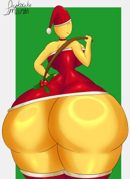 Rule 34 | 1girl, ass, ass focus, breasts, christmas, commentary, curvy, english commentary, hat, headgear, headwear request, highres, holly, holly (pankacakem), huge ass, large breasts, leggings, muscular, muscular female, no pants, off-topic, original, pankacakem, plant, red hat, santa hat, solo