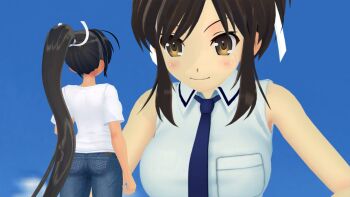 2girls 3d asuka_(senran_kagura) black_hair blue_pants blue_sky blush breasts brown_eyes commentary dark-skinned_female dark_skin day denim did_you_want_to_talk?_(meme) english_commentary flybytails giant giantess high_ponytail highres homura_(senran_kagura) jeans large_breasts long_hair meme multiple_girls necktie outdoors pants ponytail senran_kagura shirt sidelocks size_difference sky sleeveless sleeveless_shirt t-shirt tomodachi_life tomodachi_life:_living_the_dream very_long_hair white_shirt