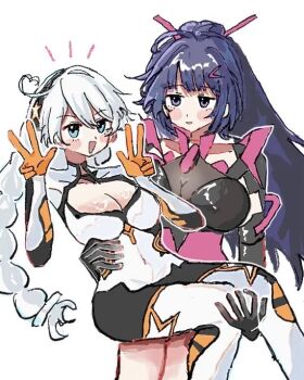 115date 2girls :d ahoge black_hair blue_eyes blush bodysuit braid breasts carrying cleavage gloves hair_between_eyes hair_ornament honkai_(series) honkai_impact_3rd kiana_kaslana kiana_kaslana_(white_comet) large_breasts leotard multiple_girls open_mouth ponytail princess_carry purple_eyes raiden_mei raiden_mei_(crimson_impulse) smile star_(symbol) twin_braids v white_bodysuit white_hair yuri