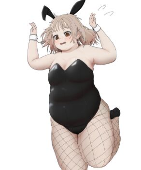 1girl arms_up black_leotard black_shoes blonde_hair blush breasts brown_eyes cleavage doria_(5jiz007hug29791) double_v embarrassed fat fat_woman fishnet_pantyhose fishnets leotard medium_hair one_leg_raised open_mouth original pantyhose playboy_bunny plump rabbit_ears rabbit_pose shoes small_breasts solo standing standing_on_one_leg v white_background wrist_cuffs