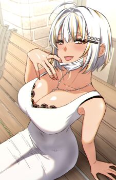 Rule 34 | 1girl, ahoge, bench, blonde hair, bra, bra peek, bra strap, breasts, cleavage, collarbone, dress, eyelashes, hair ornament, highres, indie virtual youtuber, jangmaseason, jewelry, large breasts, mask, mask pull, mouth mask, multicolored hair, necklace, on bench, open mouth, park bench, park dona, short hair, sitting, smile, solo, streaked hair, underwear, virtual youtuber, white dress, white hair, white mask, yellow eyes