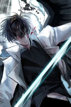 Rule 34 | 1boy, absurdres, black eyes, black hair, black shirt, black wings, blood, blood on face, blood splatter, coat, commentary request, cowboy shot, demon horns, feathered wings, hayu beck, highres, holding, holding sword, holding weapon, horns, injury, kim dokja, korean commentary, looking to the side, male focus, midriff peek, official alternate costume, omniscient reader's viewpoint, open clothes, open coat, shirt, short hair, solo, sword, weapon, white coat, wings