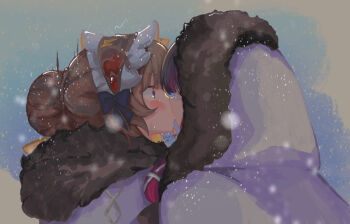 2girls black_hair blue_eyes braid braided_bun brown_hair coat columbina_(genshin_impact) commentary english_commentary fur-trimmed_coat fur_trim genshin_impact hair_bun highres hood hood_up kiss kitsunetenma maid_headdress multicolored_hair multiple_girls outdoors purple_streaks redrawn sandrone_(genshin_impact) snowing streaked_hair surprise_kiss surprised sweat white_coat yuri