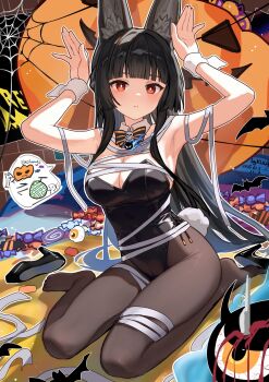1girl 1other alternate_costume animal_ear_fluff animal_ears armpits arms_up bandages bat_(animal) black_hair black_leotard black_shoes blunt_bangs blush bow bowtie breasts brown_pantyhose candy commentary dated detached_collar english_commentary eyeball fake_tail food fox_ears fox_girl halloween halloween_bucket highres hoshimi_miyabi kkkula_(kula) leotard long_hair looking_at_viewer medium_breasts no_shoes pantyhose parted_lips pumpkin rabbit_pose rabbit_tail red_eyes shoes silk sitting skull_brooch solo_focus spider_web strapless strapless_leotard tail tailless_(zenless_zone_zero) unworn_shoes wariza white_wrist_cuffs wrist_cuffs zenless_zone_zero