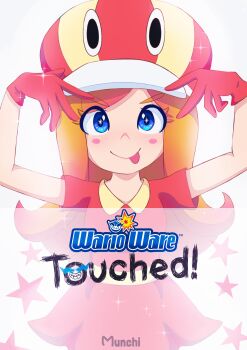 1girl absurdres arms_up artist_name blue_eyes dress gloves hat highres long_hair mona_(warioware) munchi_png nintendo orange_hair red_dress red_gloves smile star_(symbol) striped_clothes striped_headwear tongue tongue_out warioware warioware:_touched!