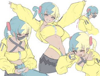 ;d absurdres aqua_hair aqua_pants arms_up bandeau black_pants blonde_hair blue_eyes blush breasts canari_(pokemon) cleavage collarbone commentary controller dark-skinned_female dark_skin english_commentary game_controller highres holding holding_controller holding_game_controller holding_poke_ball jacket large_breasts looking_at_viewer mara2ks multicolored_hair multiple_views navel nintendo one_eye_closed open_mouth pants poke_ball pokemon pokemon_legends:_z-a simple_background smile twintails two-tone_hair two-tone_pants white_background yellow_bandeau yellow_jacket