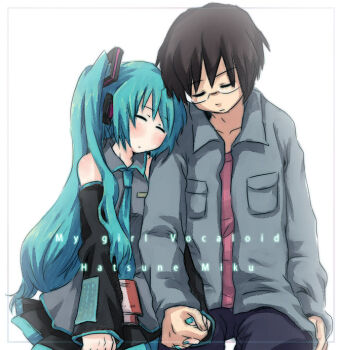 1boy 1girl aqua_hair aqua_necktie blush closed_eyes collarbone detached_sleeves hatsune_miku headgear holding_hands long_hair long_sleeves magamoto master necktie pocket simple_background sitting sleeping sleeping_upright very_long_hair vocaloid white_background