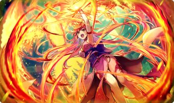 1girl arm_up arm_warmers armpits bare_shoulders bird commentary fire floating_hair kagura_(ta_ga_tame_no_alchemist) long_hair looking_at_viewer magic obi official_art open_mouth orange_hair outdoors phoenix sash solo standing ta_ga_tame_no_alchemist teeth thighs third-party_source upper_teeth_only very_long_hair yellow_eyes