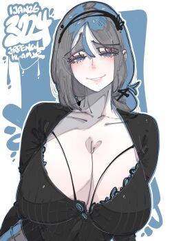 1girl absurdres artist_name black_hairband black_shirt blue_background blue_eyes blue_hair border breasts cleavage collarbone commentary double-parted_bangs english_commentary grey_hair hair_between_eyes hair_bun hair_ornament hairband highres huge_breasts jrpencil looking_at_viewer mole mole_under_mouth multicolored_hair original outside_border parted_lips shirt short_hair single_hair_bun smile solo two-tone_hair upper_body white_border x_hair_ornament