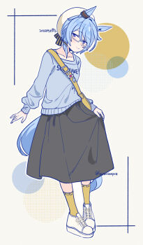 Rule 34 | 1girl, absurdres, animal ears, bag, beret, black skirt, blue eyes, blue hair, blue shirt, blush, breasts, closed mouth, commentary request, full body, glasses, hair between eyes, hat, highres, horse ears, horse girl, horse tail, k.s.miracle (umamusume), long sleeves, looking at viewer, saramiao-chan, semi-rimless eyewear, shirt, shoes, short hair, shoulder bag, skirt, smile, socks, solo, tail, umamusume, under-rim eyewear, white shoes, yellow socks