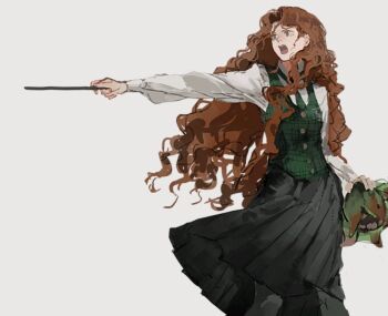 1girl black_skirt black_thighhighs blue_eyes collared_shirt cowboy_shot floating_hair green_necktie green_vest gynger_edventray_(hiiragimare) hiiragimare hogwarts_legacy hogwarts_school_uniform holding holding_plant holding_wand long_hair necktie open_mouth original plant pointing pointing_to_the_side red_hair school_uniform shirt simple_background skirt slytherin solo thighhighs vest wand wavy_hair white_background white_shirt wizarding_world